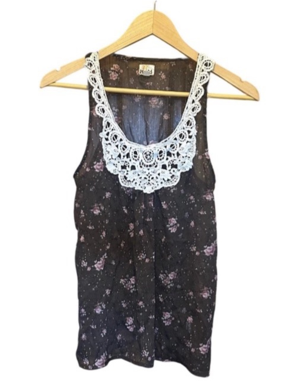 Womens Sleeveless Blouse Semi Sheer Flowy Boho Embroidered Ruched Pleated Sz Med